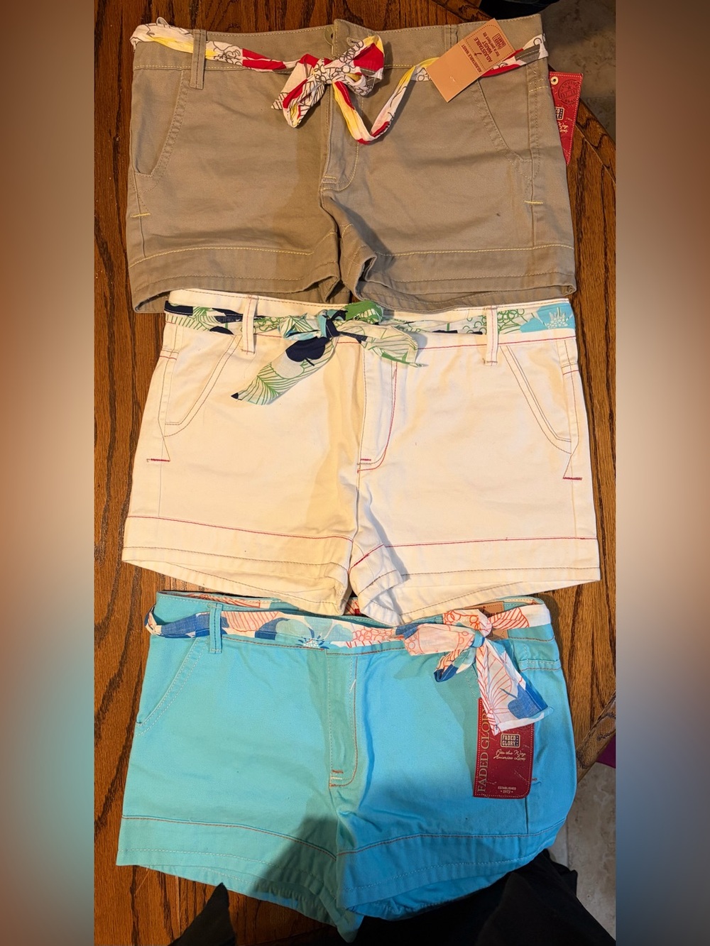 Faded Glory Teal, Cream & Tan Women's Casual Shorts Trio with Floral Tie Belts